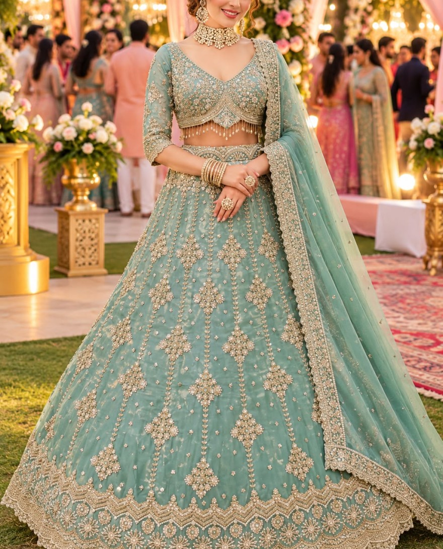 1222 - Sightly Sea Green Fancy Fabric Lehenga Choli